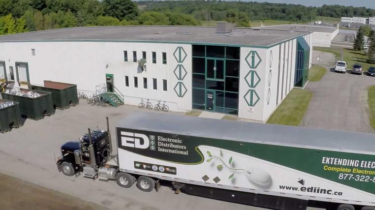 EDI's Orillia facility seen from the air, with an EDI transport truck in the yard